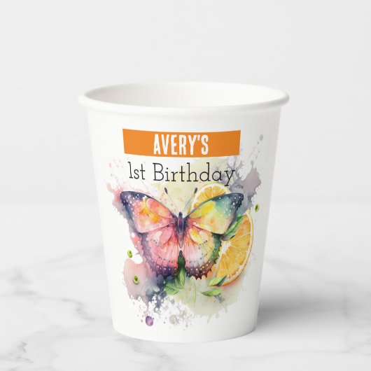 Zomervibes Butterfly - 1e verjaardag - Papieren Bekers (Voorkant)