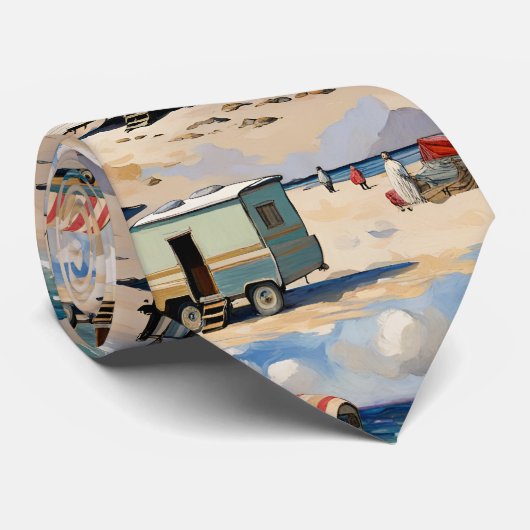 Zomervibes, caravan op het strand stropdas (Opgerold)