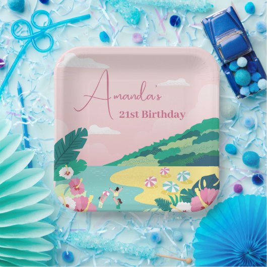 Zomervibes Tropisch Roze 21e Verjaardag Papieren Bordje (Feest)