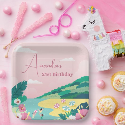 Zomervibes Tropisch Roze 21e Verjaardag Papieren Bordje (Feest)