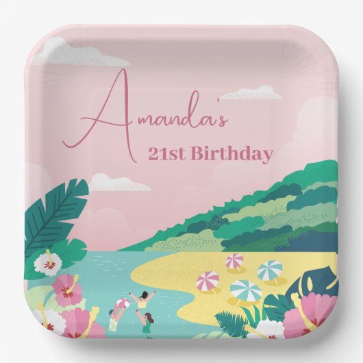 Zomervibes Tropisch Roze 21e Verjaardag Papieren Bordje (Voorkant)