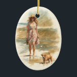 zomerwandeling keramisch ornament<br><div class="desc">Schilderij van een vrouw die langs een strand loopt met haar hond.</div>