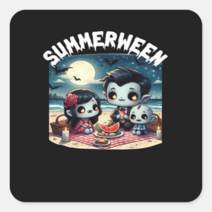 Zomerween met een familie van vampiers op het stra vierkante sticker