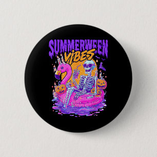Zomerween-sfeer Griezelige Skelet Flamingo Zwembad Ronde Button 5,7 Cm
