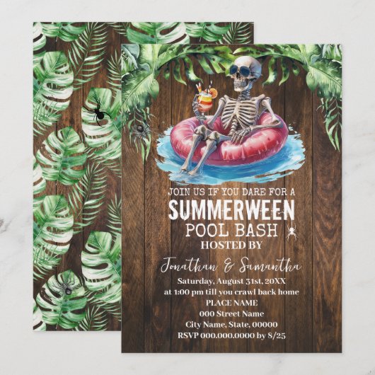 Zomerween Skelet Tropisch Pool Feest Kaart (Voorkant / Achterkant)