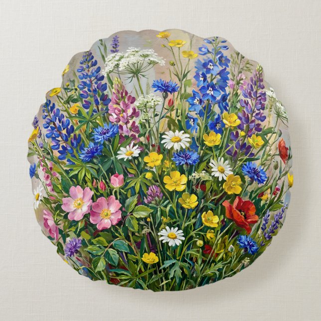 Zomerweide Bloemen Rond Kussen (Voorkant)