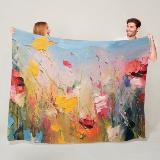 Zomerweide – Expressieve Abstracte Wilde Bloemen Fleece Deken (In situ)
