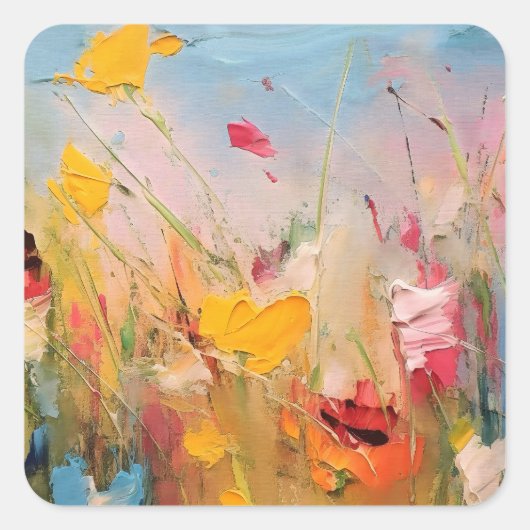 Zomerweide – Expressieve Abstracte Wilde Bloemen Vierkante Sticker (Voorkant)