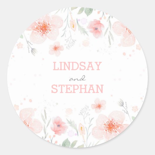 Zomerweide Waterverf Roze Bloemen Bruiloft Ronde Sticker (Voorkant)