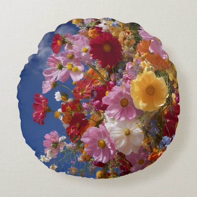 Zomerweide Wilde Bloemenexplosie - Levendig Bloems Rond Kussen (Voorkant)