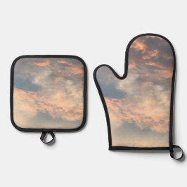 Zomerzon ondergaande hemelsblauw, stoffig roze, gr ovenwant & pannenlap set