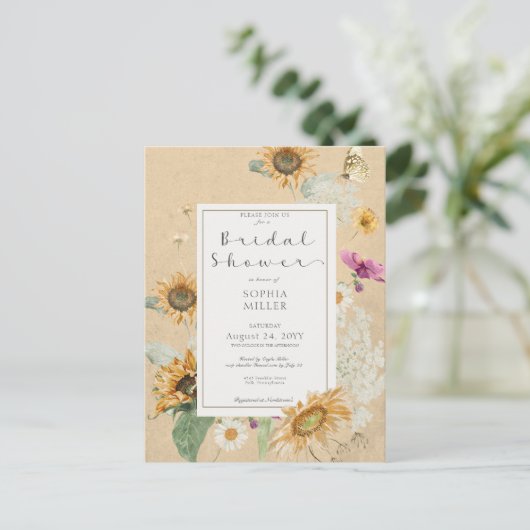 Zomerzonnebloem Bloemen Bruiloftsinvitaties in vin Briefkaart (Staand voorkant)