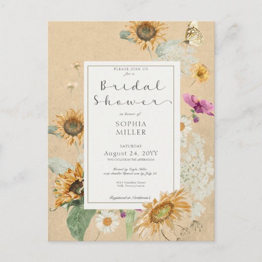 Zomerzonnebloem Bloemen Bruiloftsinvitaties in vin Briefkaart (Voorkant)