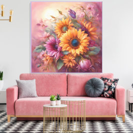 Zomerzonnebloemen in roze en geel canvas afdruk