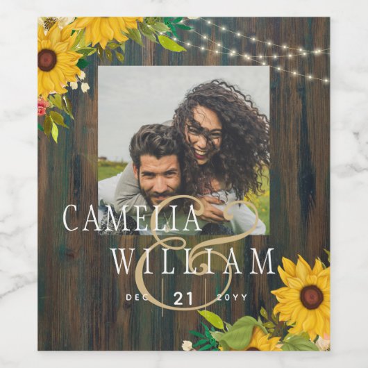 Zomerzonnebloemen Landelijke Houten Bruiloft Wijn Etiket (Enkel label)