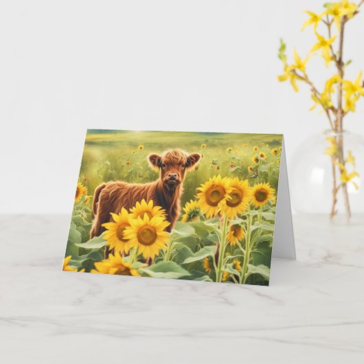 Zomerzonnewende Schattig Hoogland Kalf Koe  Kaart (Gele Bloem)