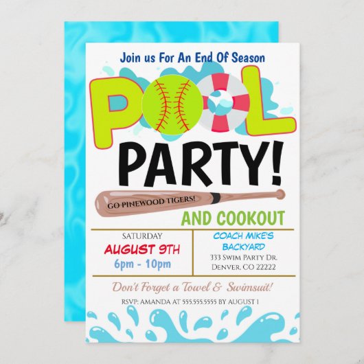 Zomerzwembad Softbal Feest Uitnodiging (Voorkant / Achterkant)