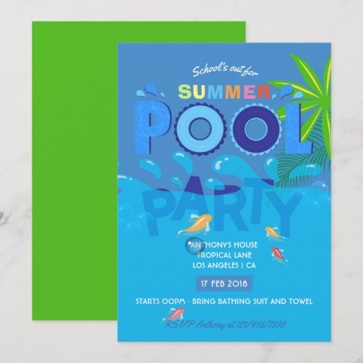 Zomerzwembadfeest uitnodiging voor het einde van h (Voorkant / Achterkant)