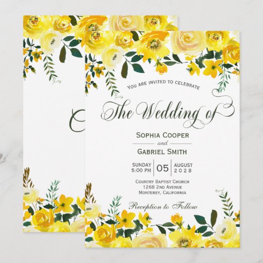 Zomgeel rozenroos floral hand met briefing bruilof kaart (Voorkant / Achterkant)