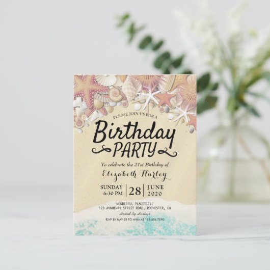 Zomstrand van Birthday bij Staarschelpen Uitnodiging Briefkaart (Staand voorkant)