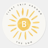 zon 1e verjaardag waterverf zon monogram ronde sticker (Voorkant)