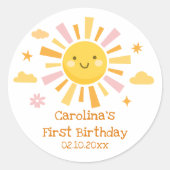 Zon 1e Verjaardagsfeest Meisje Ronde Sticker (Voorkant)