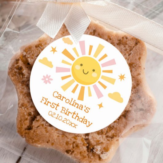 Zon 1e Verjaardagsfeest Meisje Ronde Sticker