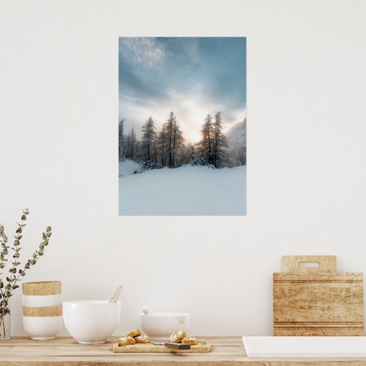 Zon achter spruce-bomen poster (Keuken)