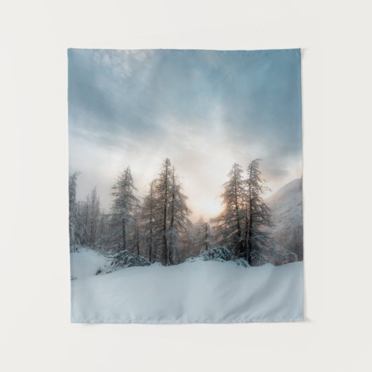 Zon achter spruce-bomen wandkleed (Voorkant)