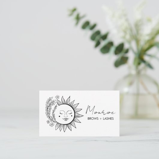 Zon & Bloem Boho Line Art Elegante QR Sociale Icon Visitekaartje (Staand voorkant)