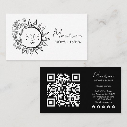 Zon & Bloem Boho Line Art Elegante QR Sociale Icon Visitekaartje (Voorkant / Achterkant)
