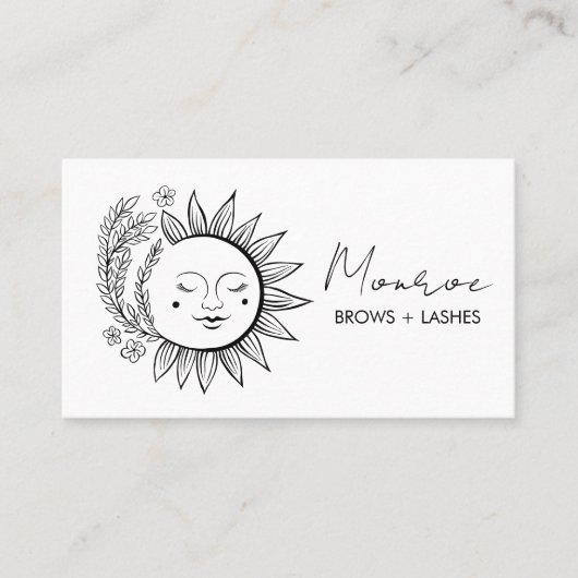 Zon & Bloem Boho Line Art Elegante QR Sociale Icon Visitekaartje (Voorkant)
