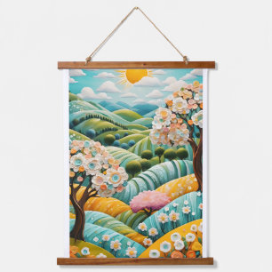 Zon, bloemen, bomen en wolken in een prachtig uitz hangend wandkleed