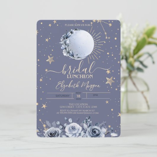 Zon, Blue Moon Rozen Pastel Bridal Luncheon Kaart (Staand voorkant)