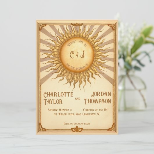  zon bruiloft uitnodiging in warme tinten (Staand voorkant)