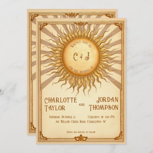  zon bruiloft uitnodiging in warme tinten (Voorkant / Achterkant)