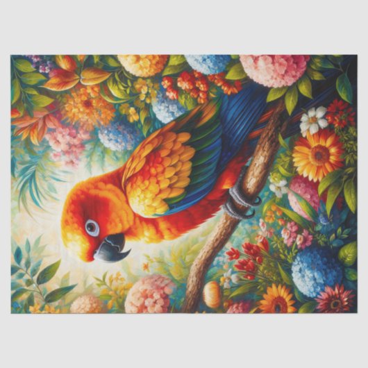 Zon Conure Papegaai Kleurrijke Bloemen Decoupage Tissuepapier (Voorkant)