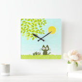 Zon en bladeren en zwarte kat vierkante klok (Huis)