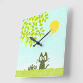 Zon en bladeren en zwarte kat vierkante klok (Hoek)