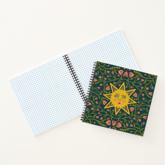 Zon en bloeiende wijnstokken Patroon Boho Schattig Notitieboek (Binnen)