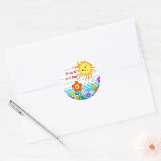 Zon en bloemen ronde sticker (Envelop)