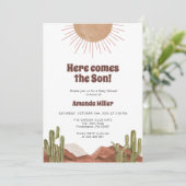Zon en cactus Baby shower Save The Date (Staand voorkant)
