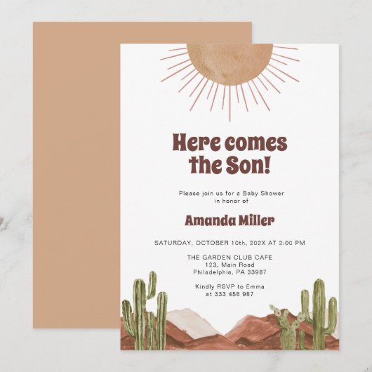 Zon en cactus Baby shower Save The Date (Voorkant / Achterkant)