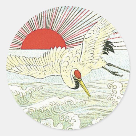Zon en kraan Vogel  Japans Silk Label (Voorkant)
