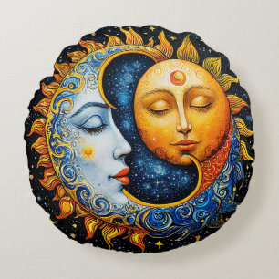 Zon- en Maan Artistieke Illustratie Rond Kussen