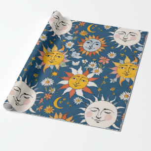 Zon en Maan Bloemmotief in Blauw en Geel Cadeaupapier