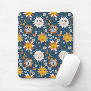 Zon en Maan Bloemmotief in Blauw en Geel Muismat