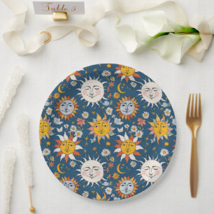Zon en Maan Bloemmotief in Blauw en Geel Papieren Bordje