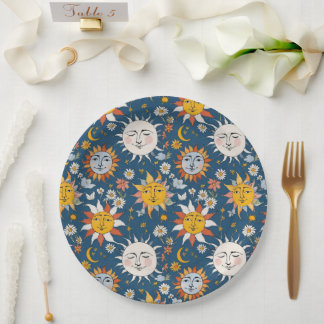 Zon en Maan Bloemmotief in Blauw en Geel Papieren Bordje
