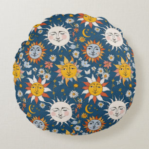 Zon en Maan Bloemmotief in Blauw en Geel Rond Kussen